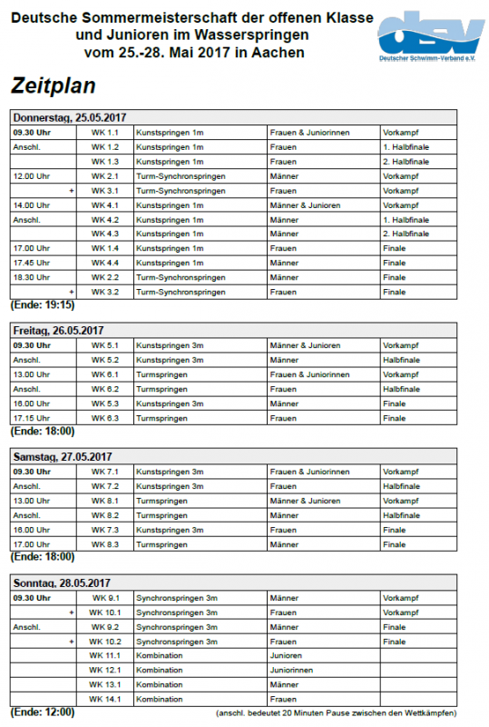 SV Neptun 1910 Aachen e.V. Zeitplan zur Deutschen Sommermeisterschaft offene Klasse und Junioren 2017 in Aachen Wasserspringer